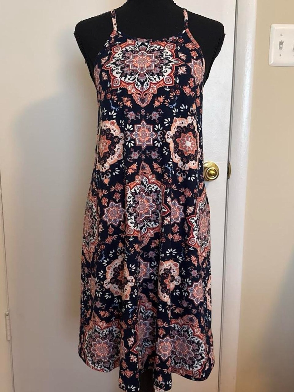 French Grey Navy Medallion Boho Midi Maxi Dress Size S Made in USA